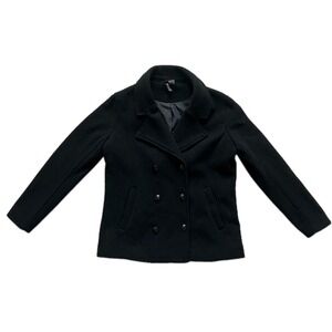 DIVIDED H&M Black Wool Blend Peacoat Women US 8 Bronze Button Double Breasted